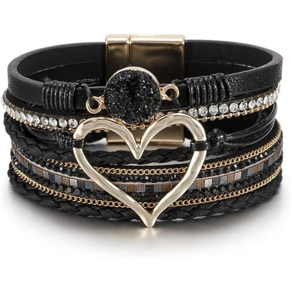 Bracelet for Women, Boho Leather Wrap Multi-Layer Pearl Crystal Bracelet Bangle